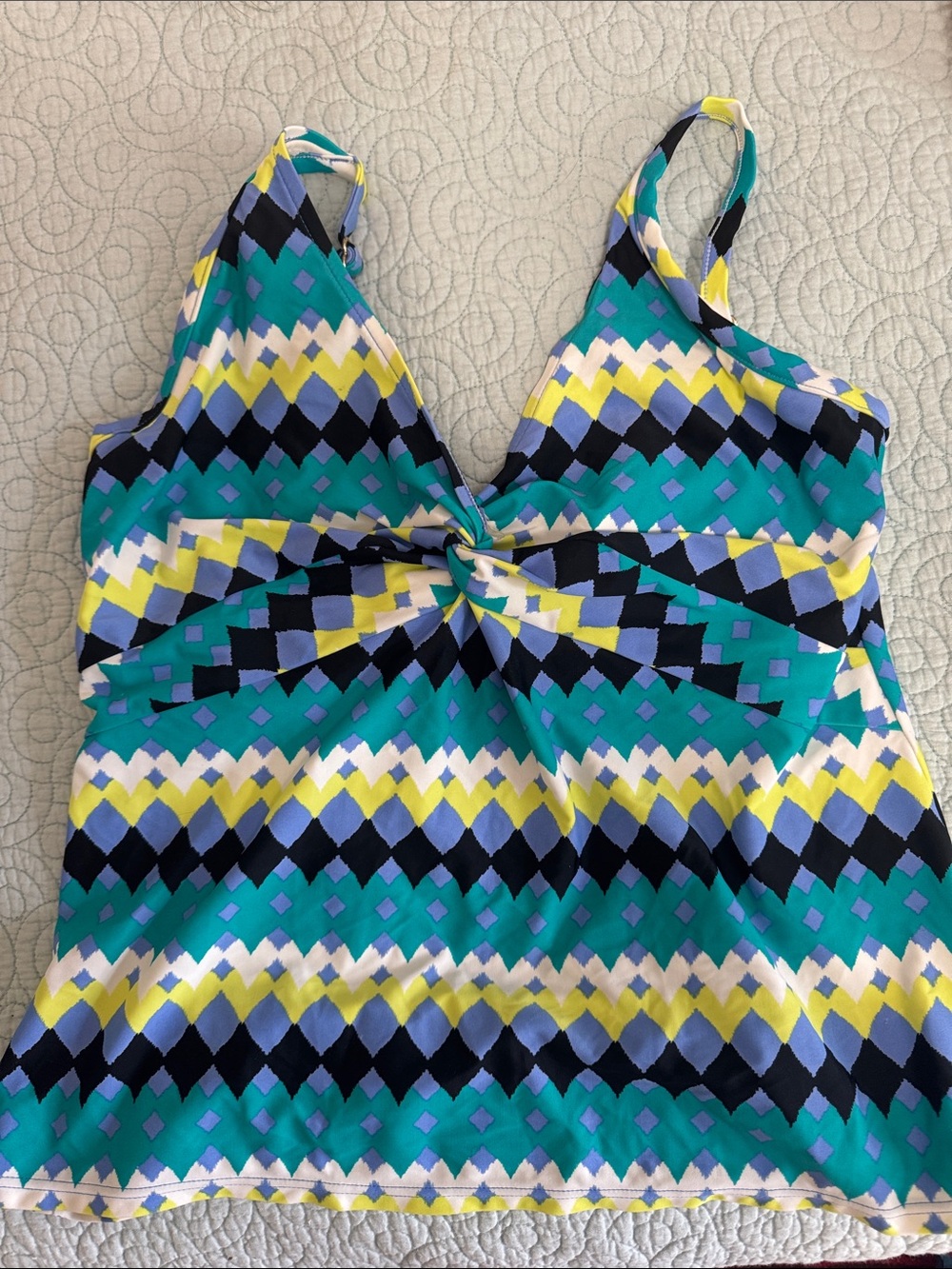 Sunsets Twist Front Geometric Tankini Top - Teal, Navy, Yellow, White 38DD